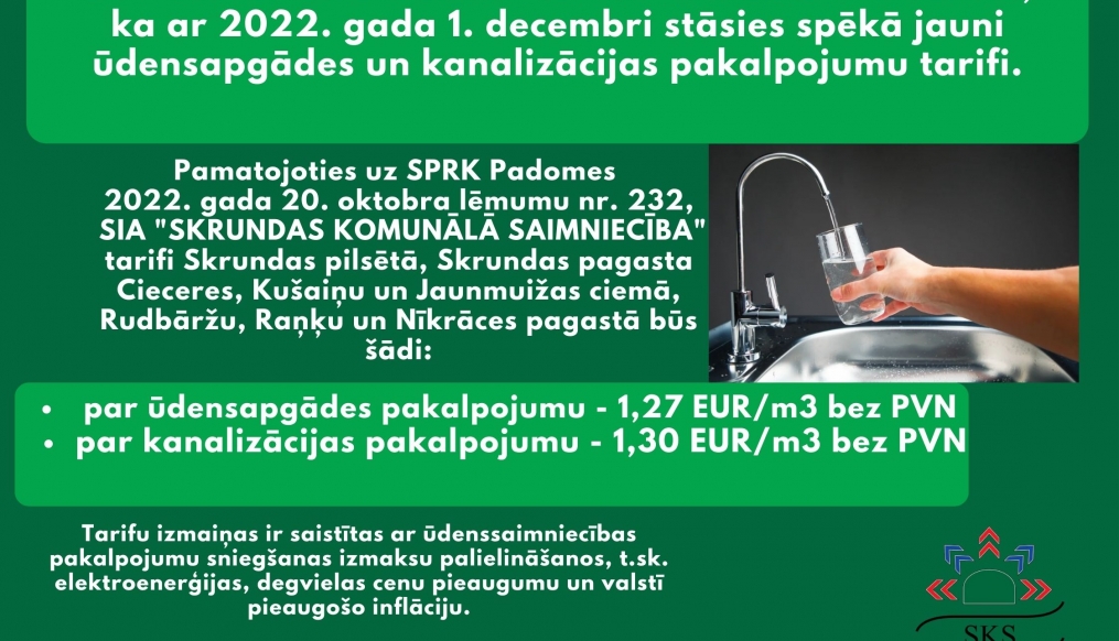 01.12.2022. STĀSIES SPĒKĀ JAUNS ŪDENSSAIMNIECĪBAS PAKALPOJUMU TARIFS.